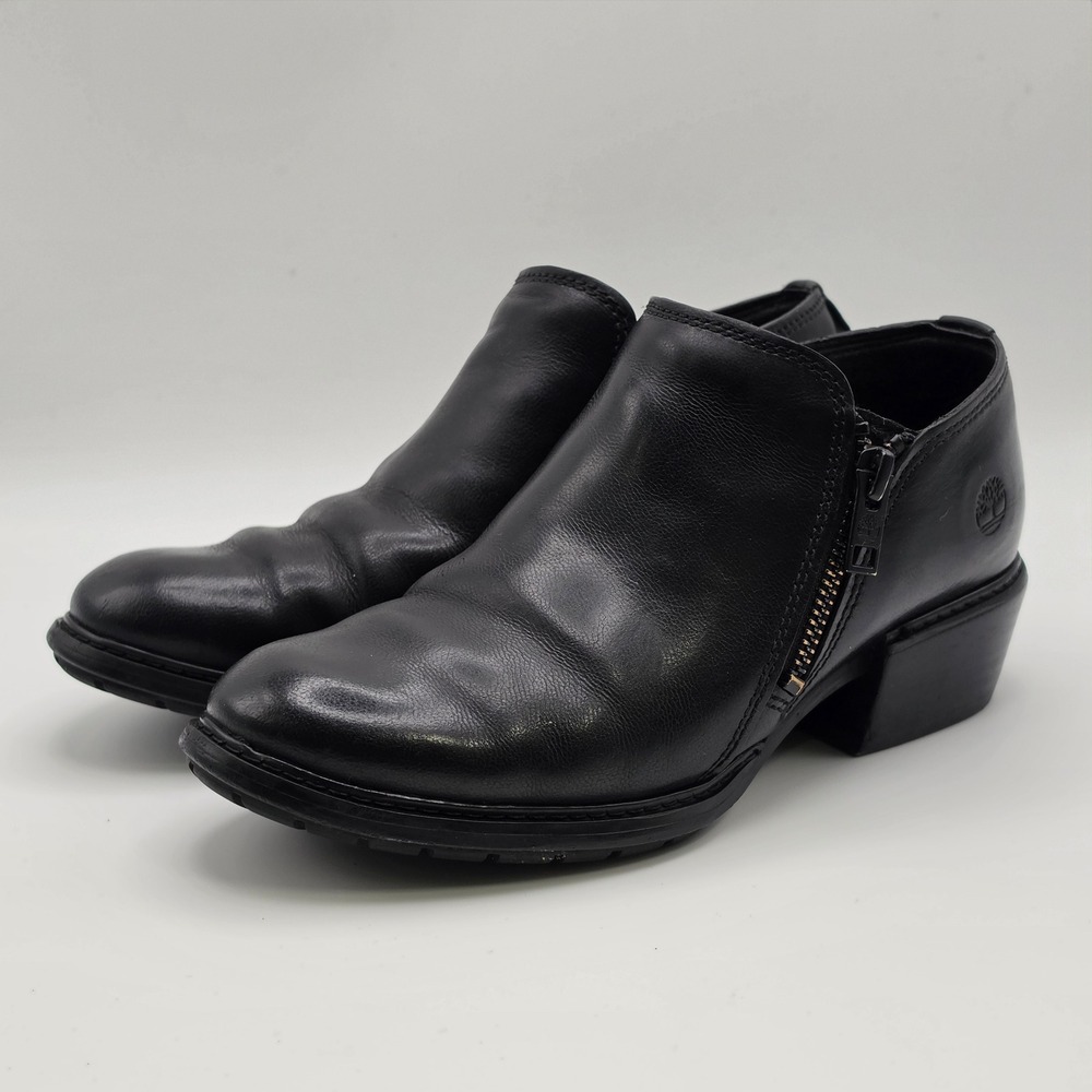 Dark Academia Timberland Leather Side Zip Block Heel Ankle Boot Womens 5.5 Black